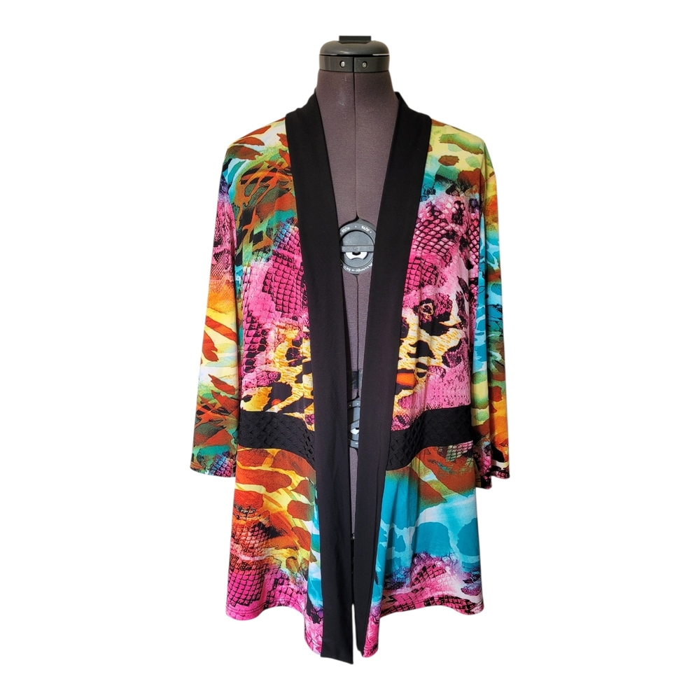 SZ16 Frank Lyman Design Vibrant Multicolor Open Cardigan with Black Trim